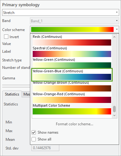 Color scheme set to Yellow-Green-Blue (Continuous)