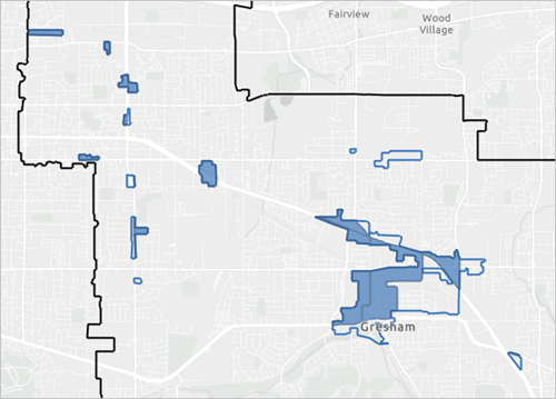 Map with mixed-use zones symbolized as outlines