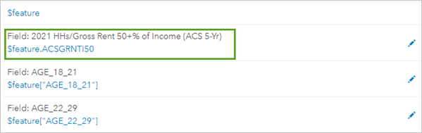 List of fields in Expression Builder window