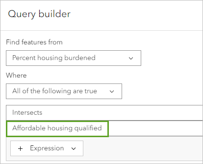 Add Expression window with the spatial relationship expression Mixed Use Zoning intersects Enriched Block Groups