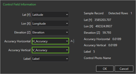 Accuracy fields in the Control Field Information section