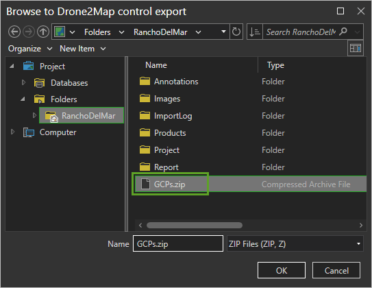 GCP.zip file selected in the Browse to Drone2Map control export window