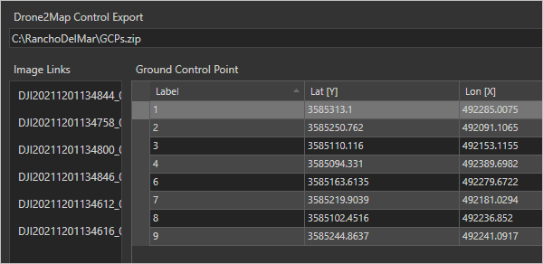 Ground Control Point table