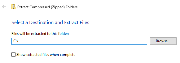 Select a Destination and Extract Files window