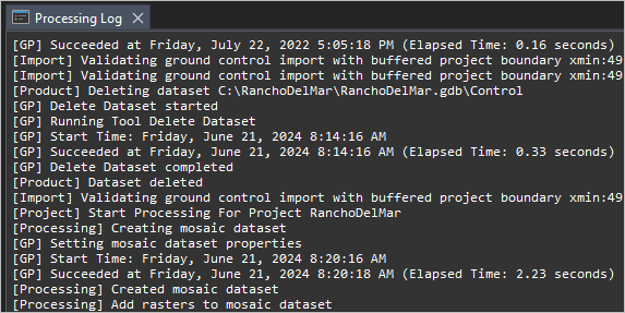 Processing Log view