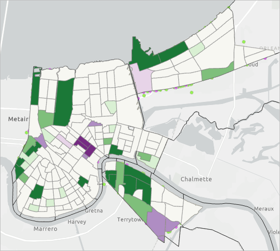 Trend map with green and purple areas