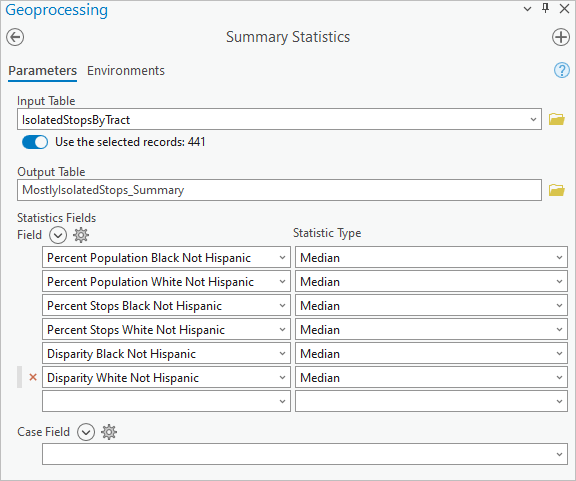 Summary Statistics tool parameters