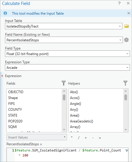 Calculate field tool parameters