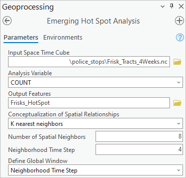 Emerging Hot Spot Analysis tool parameters