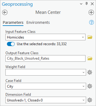 Mean Center tool parameters for Unsolved Rates for Black victims