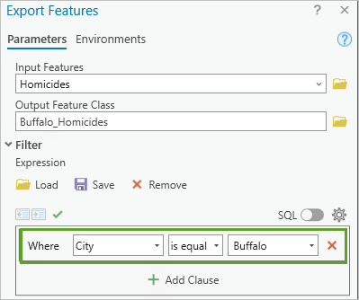 Export Features window parameters