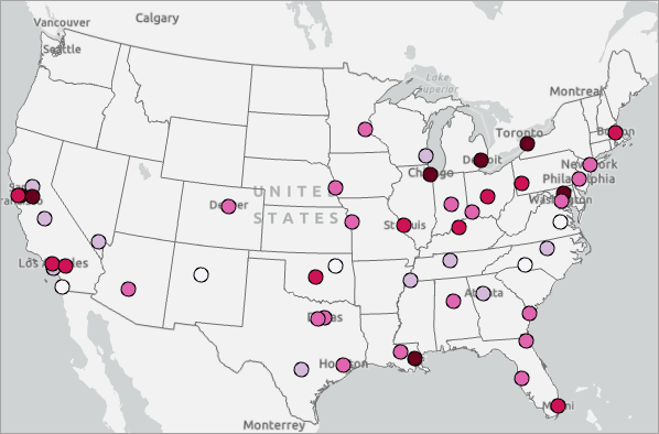 Map with mean center points symbolized by homicide rate