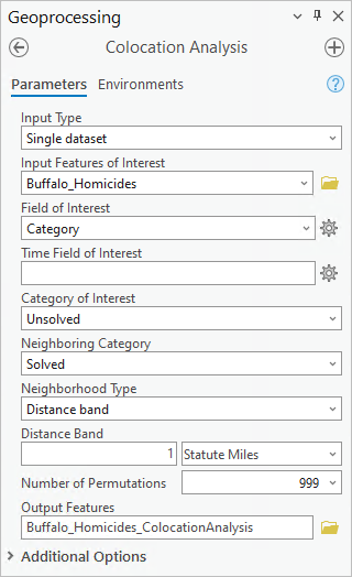 Colocation Analysis tool parameters