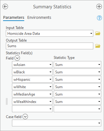 Parameters for the Summary Statistics tool