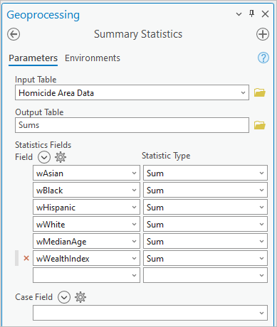 Parameters for the Summary Statistics tool