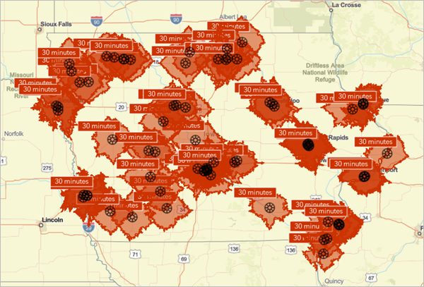 Map showing sites with drive-time areas
