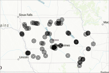 Layer filtered to only show rail and truck intermodal facilities in the state of Iowa