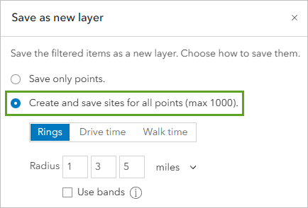 Create and save sites for all points (max 1000) option
