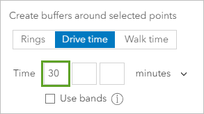 Drive time buffers with a 30-minute drive time selected.