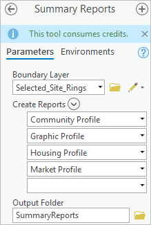 Configured parameters for the Summary Reports tool