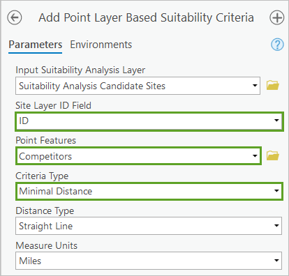 Configure parameters for the Add Point Layer Based Suitability Criteria tool.