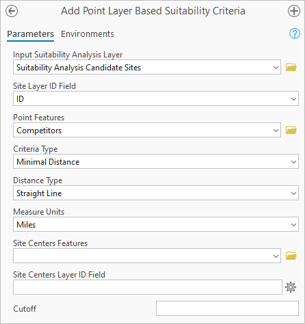 Configure parameters for the Add Point Layer Based Suitability Criteria tool.