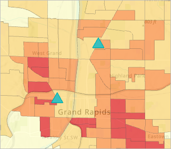 Map results of the Color Coded Layer tool displaying population density by block group