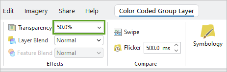 Layer transparency option on the Appearance tab set to 50.