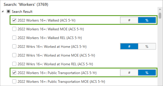 ACS Workers 16+: Public Transportation and ACS Workers 16+: Walked variables selected as %.