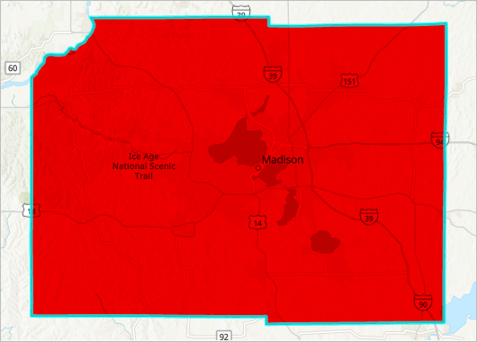 Dane County symbolized with the highest suitability score.