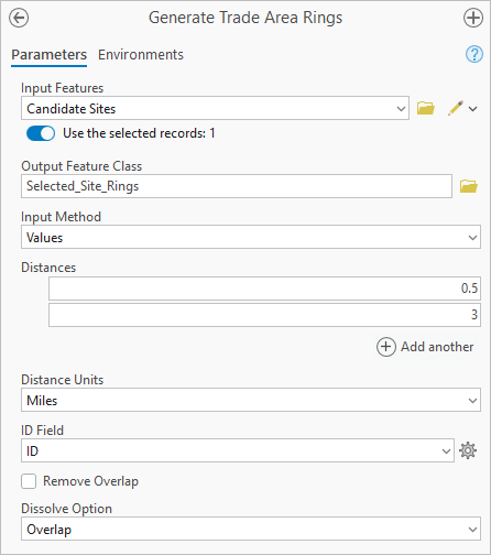 Configure parameters for the Generate Trade Area Rings tool.