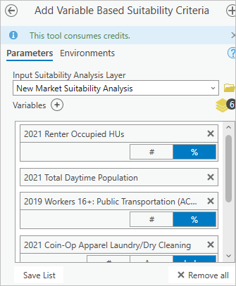 Configured parameters for the Add Variable Based Suitability Criteria tool