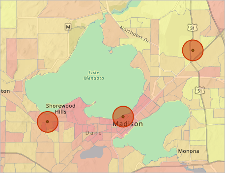 Map results display 0.5-mile rings around the three candidate sites.