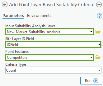 Configured parameters with competitors for the Add Point Layer Based Suitability Criteria tool
