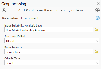 Configured parameters with competitors for the Add Point Layer Based Suitability Criteria tool