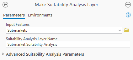 Configure parameters for the Make Suitability Analysis Layer tool.