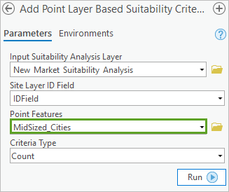 Configured parameters with midsized cities for the Add Point Layer Based Suitability Criteria tool