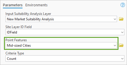 Configured parameters with midsized cities for the Add Point Layer Based Suitability Criteria tool