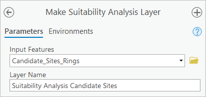 Configure parameters for the Make Suitability Analysis Layer tool.