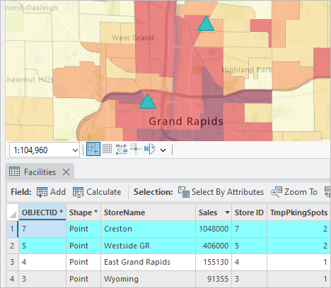 The most successful stores are selected in the attribute table and on the map.