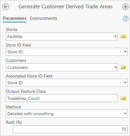 Configured parameters in the Generate Customer Derived Trade Areas tool