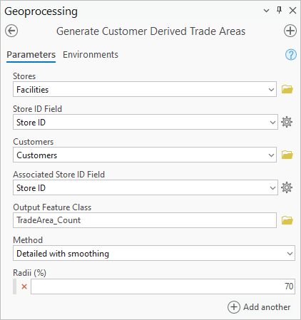 Configured parameters in the Generate Customer Derived Trade Areas tool