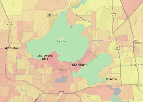 Map zoomed in to the block groups with the highest suitability score.