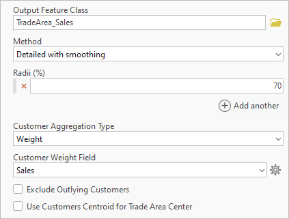 Configured parameters for the Generate Customer Derived Trade Areas tool