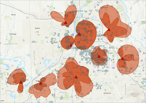 Result map of customer-derived trade areas that capture 70 percent of sales