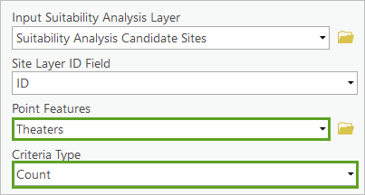 Configure parameters for the Add Point Layer Based Suitability Criteria tool.