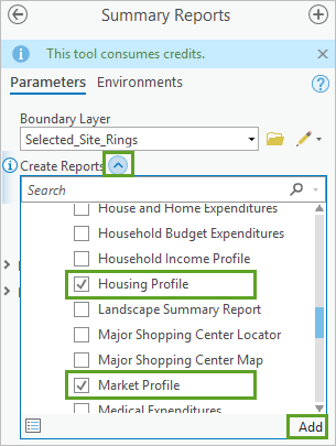 For the Summary Reports tool, select reports to be generated.