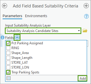 Configure parameters for the Add Field Based Suitability Criteria tool.