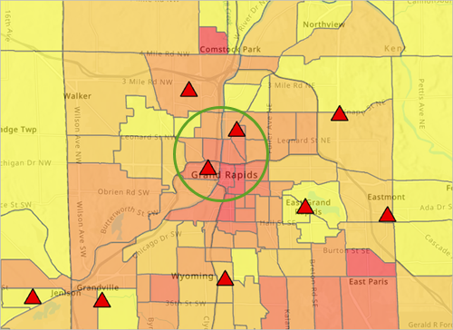 Map results of the Color Coded Layer tool displaying renter-occupied housing units at 50 percent transparency