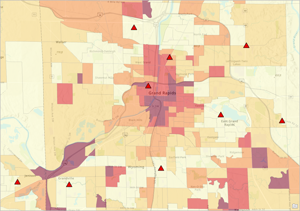 Map results of the Color Coded Layer tool displaying renter-occupied housing units at 50 percent transparency